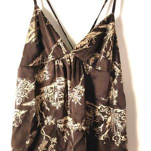 Pea in The Pod, maternity top Silky Brown and tan Asian print w/ sequins. size M